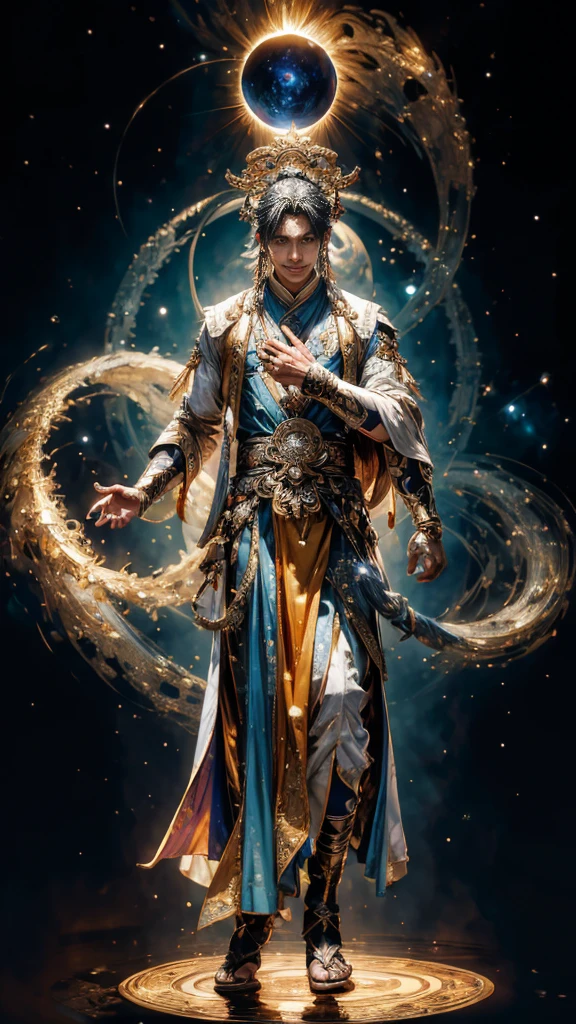 Masterpiece, best quality, Very detailed, 8k, high resolution, realistic,  Fantasy, Legendary existence, Mythical world, meditation, symmetrical, holy aura, magic circle, solar eclipse, nebula, alone, Amazingly handsome man, Handsome face, A smile that brings peace to people, "In Aphrodite", full body shot, Ancient Chinese costume with exquisite details, Gold Jewelry, white coat,