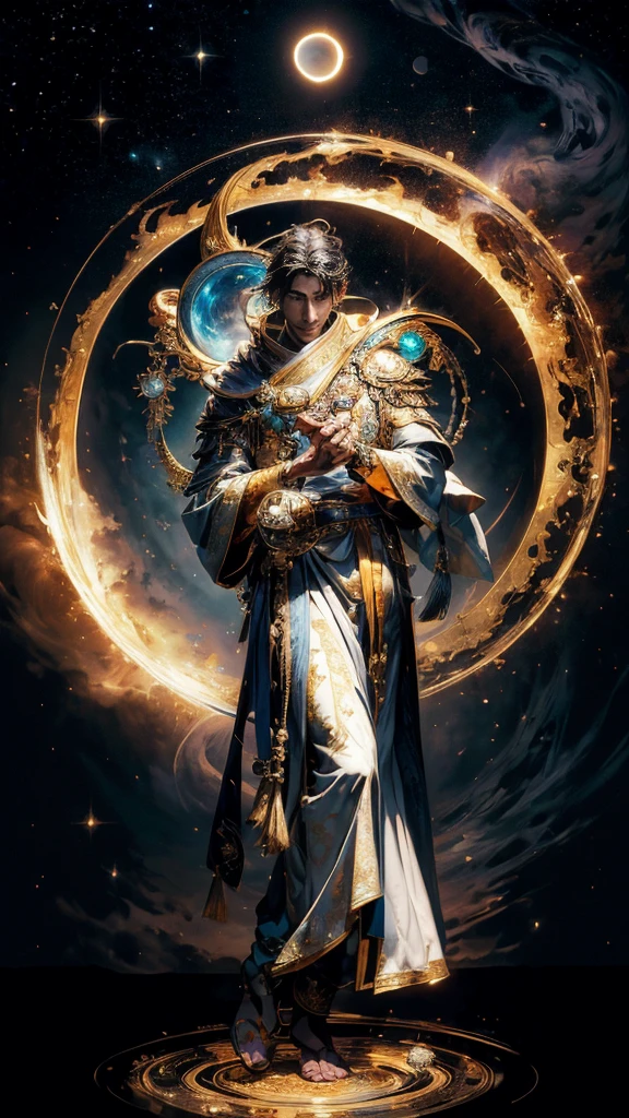 Masterpiece, best quality, Very detailed, 8k, high resolution, realistic,  Fantasy, Legendary existence, Mythical world, meditation, symmetrical, holy aura, magic circle, solar eclipse, nebula, alone, Amazingly handsome man, Handsome face, A smile that brings peace to people, "In Aphrodite", full body shot, Ancient Chinese costume with exquisite details, Gold Jewelry, white coat,