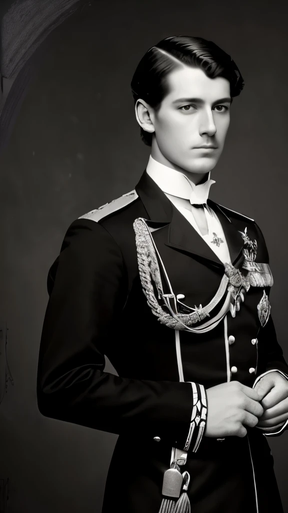 a black and white photo of a man in uniform with a horse, a portrait inspired by Prince Hoare, flickr, art nouveau, portrait of a victorian era duke, portrait of a victorian duke, author unknown, beautiful androgynous prince, delicate androgynous prince, majesty in noble clothes, john singer sargant, in full military garb