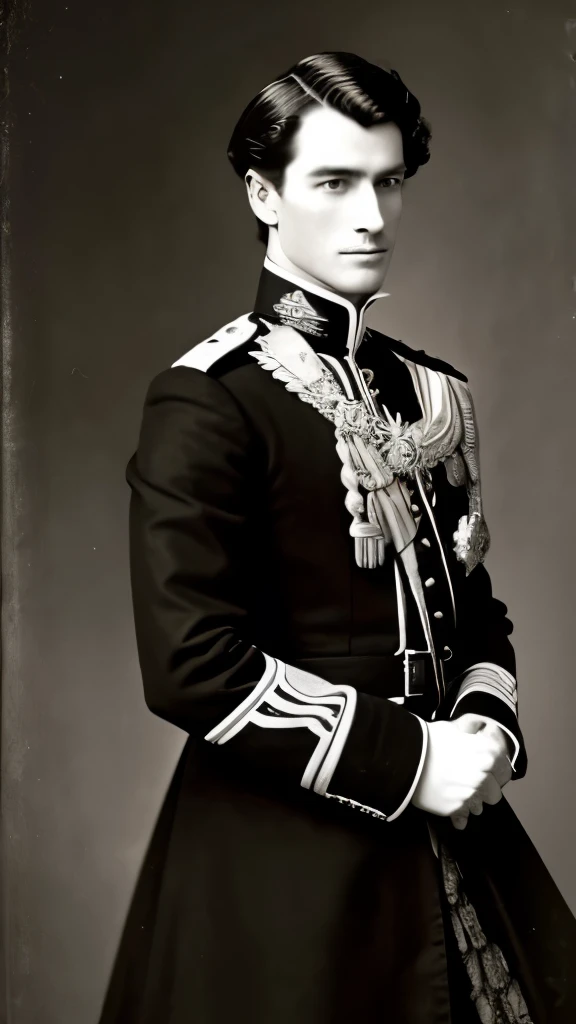 a black and white photo of a man in uniform with a horse, a portrait inspired by Prince Hoare, flickr, art nouveau, portrait of a victorian era duke, portrait of a victorian duke, author unknown, beautiful androgynous prince, delicate androgynous prince, majesty in noble clothes, john singer sargant, in full military garb