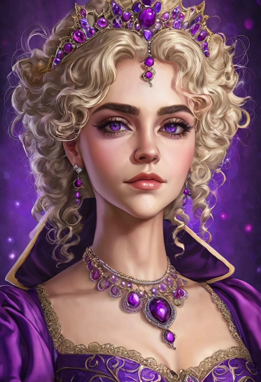 Mujer, linda, ojos profundos, His approximate age is twenty years. Es rubia, de cabello rizado y denso,
hairstyle up with some curls falling. Tiene pendientes plateados y
en cuanto a su vestimenta, He seems to be wearing a strange purple medieval carnival costume..