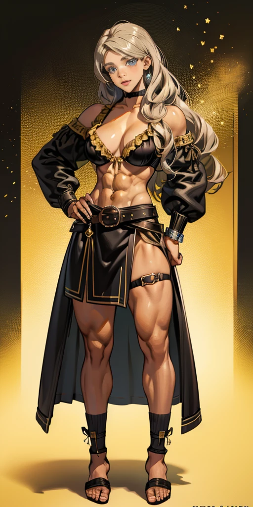 full body toe to head, masterpiece, 1soloMILF BIMBO standing yellow loincloth and yellow bra, left hand on hips and right hand down pose, leather collar choker neck bell shackles wristbands bracers bracelets sleeves and stockings, strong body, abs, dark black african skin, wearing a big belt (Nylon Belt for Women) (plain background))