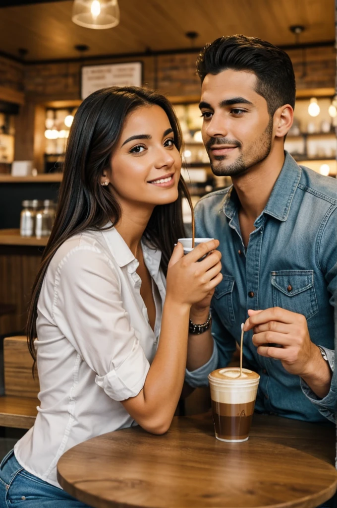 Una chica latina con bestido, in a coffee shop, sosteniendo un baso desechable