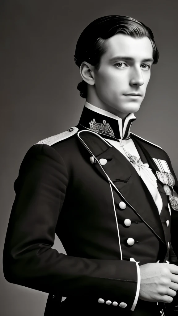 a black and white photo of a man in uniform with a horse, a portrait inspired by Prince Hoare, flickr, art nouveau, portrait of a victorian era duke, portrait of a victorian duke, author unknown, beautiful androgynous prince, delicate androgynous prince, majesty in noble clothes, john singer sargant, in full military garb