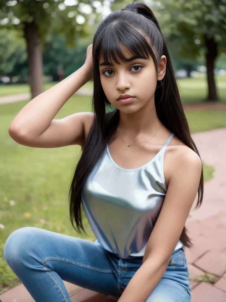 Portrait of 18 years old charming  teenage girl, healthy, beautiful Indian girl, 2 ponytails, cute and serious, blushing, naughty and provoking expression to viewer, ((tight silk top))), jeans, full body, bangs, in park, sexy , ultrarealistic, photorealistic, detailed, light skin, 8K detailed, [no worries, NSFW,]