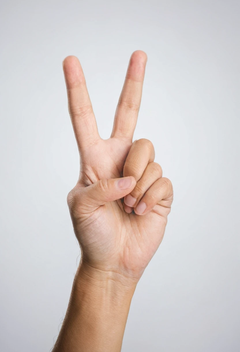 closeup photo of a hand, handsign, isolated on white background