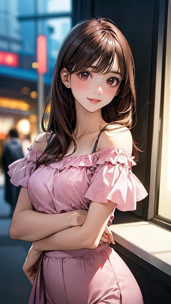 (masterpiece:1.2, Highest quality), (Realistic, photoRealistic:1.4), Beautiful illustrations, (Natural Side Lighting, Cinema Lighting), Browsing Caution,
View your viewers, 1 Girl, Japanese, high school girl, Perfect Face, Cute and symmetrical face, Shiny skin,
(Long Hair:1.5, Straight hair:1.4, Wine brown hair), Swept-apart bangs, Brown eyes, Long eyelashes, (Medium chest), thin,
Beautiful Hair, Beautiful Face, Beautiful attention to detail, Beautiful clavicle, Beautiful body, Beautiful breasts, Beautiful thighs, Beautiful feet, Beautiful fingers,
((Pink off-shoulder top with puff sleeves, short sleeves, girly, White Culottes)),
(Beautiful views), evening, (Shopping mall), walking, (Cute smile, Upward glance),
