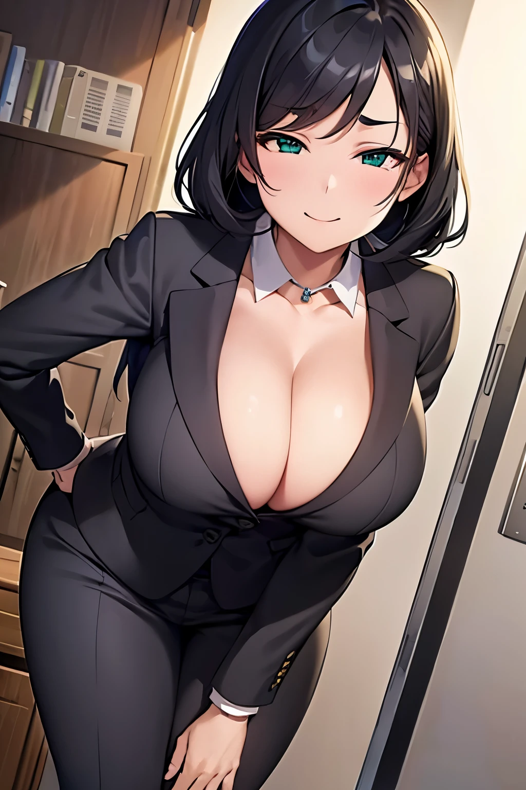 suit, school backround, smug expression with half-closed eyes, rounded eyes and eyebrows, black hair, emerald eyes, cleavage, standing above the viewer, large breasts, thick thighs, extremely detailed, photorealistic, 8k, masterpiece, cinematic lighting, vibrant colors