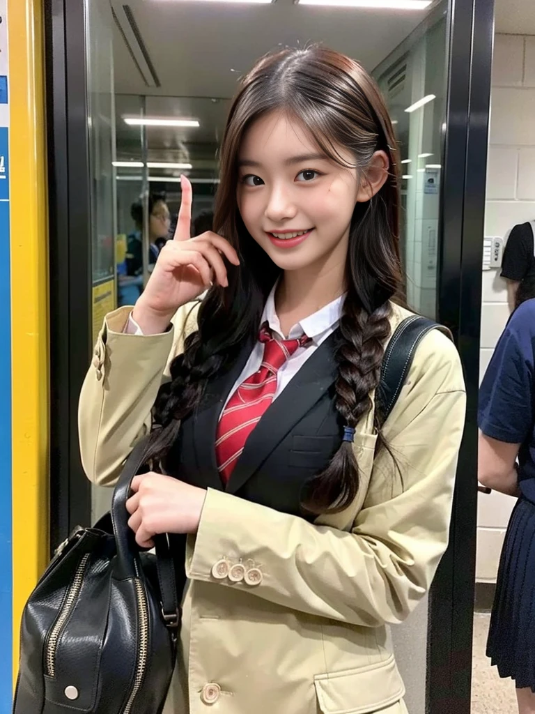 (A super cute Korean high school girl with a school bag is going to school.:1.2)(grin,smile:1.1)(Beautiful Sweat:1.1)(16k, RAW Photos, Highest quality, masterpiece: 1.2),(A cute braid of shiny black hair) Super detailed, Super Resolution, (Genuine, Genuine photos: 1.37), Portraiture, High-resolution RAW color photos, Professional photos, Very detailed, 8k wallpaper, Very detailed CG Unity 8k wallpaper, Very detailed beautiful girls, Very detailed faces, ((whole body)), beautiful woman, Huge breasts,(huge boobs:1.1) (Big Boobs:1.1), beautiful (Tight and cute school uniform),high school girl, Korean Girls,(K-POP Female Idols), (Idol-class beauty)(Beautiful high school girl:1.1)(Inside the route bus)(16 years old)(School uniform style outfit:1.1)(School trip photos,Commuting to school:1.2)NSFW(from side)