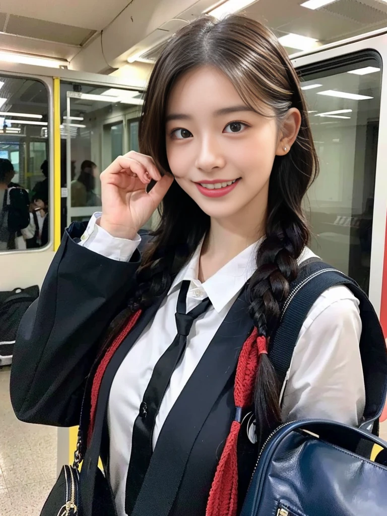 (A super cute Korean high school girl with a school bag is going to school.:1.2)(grin,smile:1.1)(Beautiful Sweat:1.1)(16k, RAW Photos, Highest quality, masterpiece: 1.2),(A cute braid of shiny black hair) Super detailed, Super Resolution, (Genuine, Genuine photos: 1.37), Portraiture, High-resolution RAW color photos, Professional photos, Very detailed, 8k wallpaper, Very detailed CG Unity 8k wallpaper, Very detailed beautiful girls, Very detailed faces, ((whole body)), beautiful woman, Huge breasts,(huge boobs:1.1) (Big Boobs:1.1), beautiful  (Tight and cute school uniform),high school girl, Korean Girls,(K-POP Female Idols), (Idol-class beauty)(Beautiful high school girl:1.1)(Inside the route bus)(16 years old)(School uniform style outfit:1.1)(School trip photos,Commuting to school:1.2)NSFW(from side)