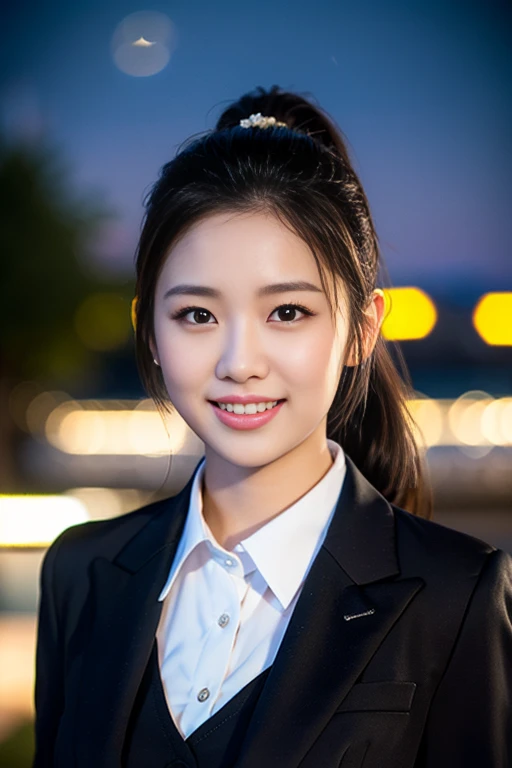 A girl with narrow eyes, white skin, a cute smile, her hair done, wearing a fashionable purple shirt and a skirt.