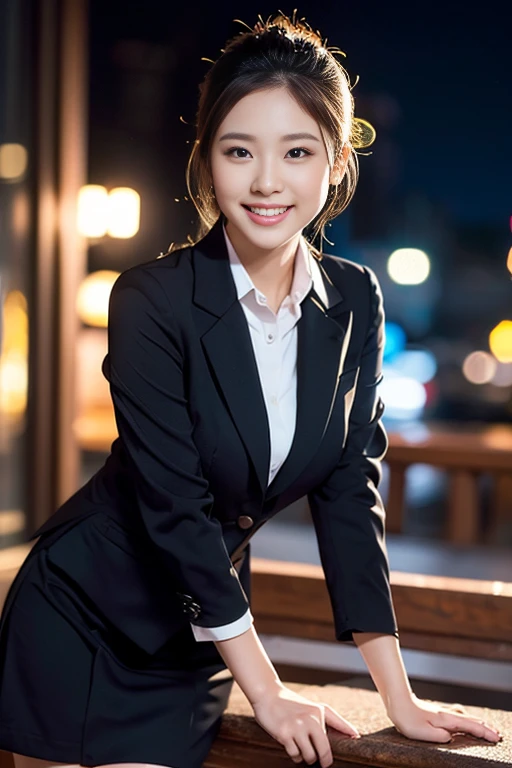 a gorgeous lady, age 22, Formal Skirt Suit with Blouse, posing naturally under night sky, dimpled smile, short ponytail, cute snaggleteeth, ample round bosom, photorealistic, beautiful detailed eyes, hyper-realism, high contrast, ultra HD, realistic skin textures, top image quality, top-quality, super high resolution, fine details, very meticulously, bokeh background