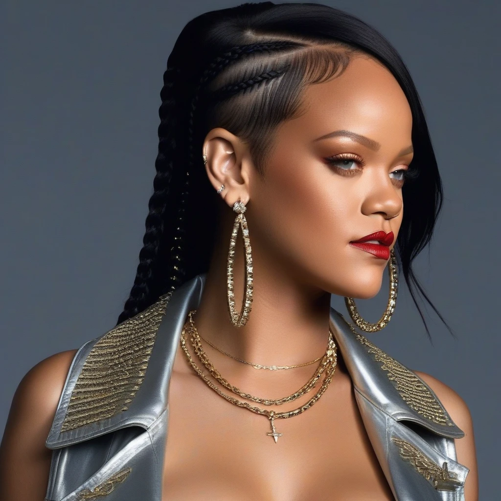 Rihanna1024, braided hair, (naked tits covered in cum:1.3 NFV((after blowjob)), ((cum on face)), Alien Technology Neon Leather Short Jacket, photo, trending on artstation, sharp focus, Studio photo, complex parts, very detailed, Greg Rutkowski   