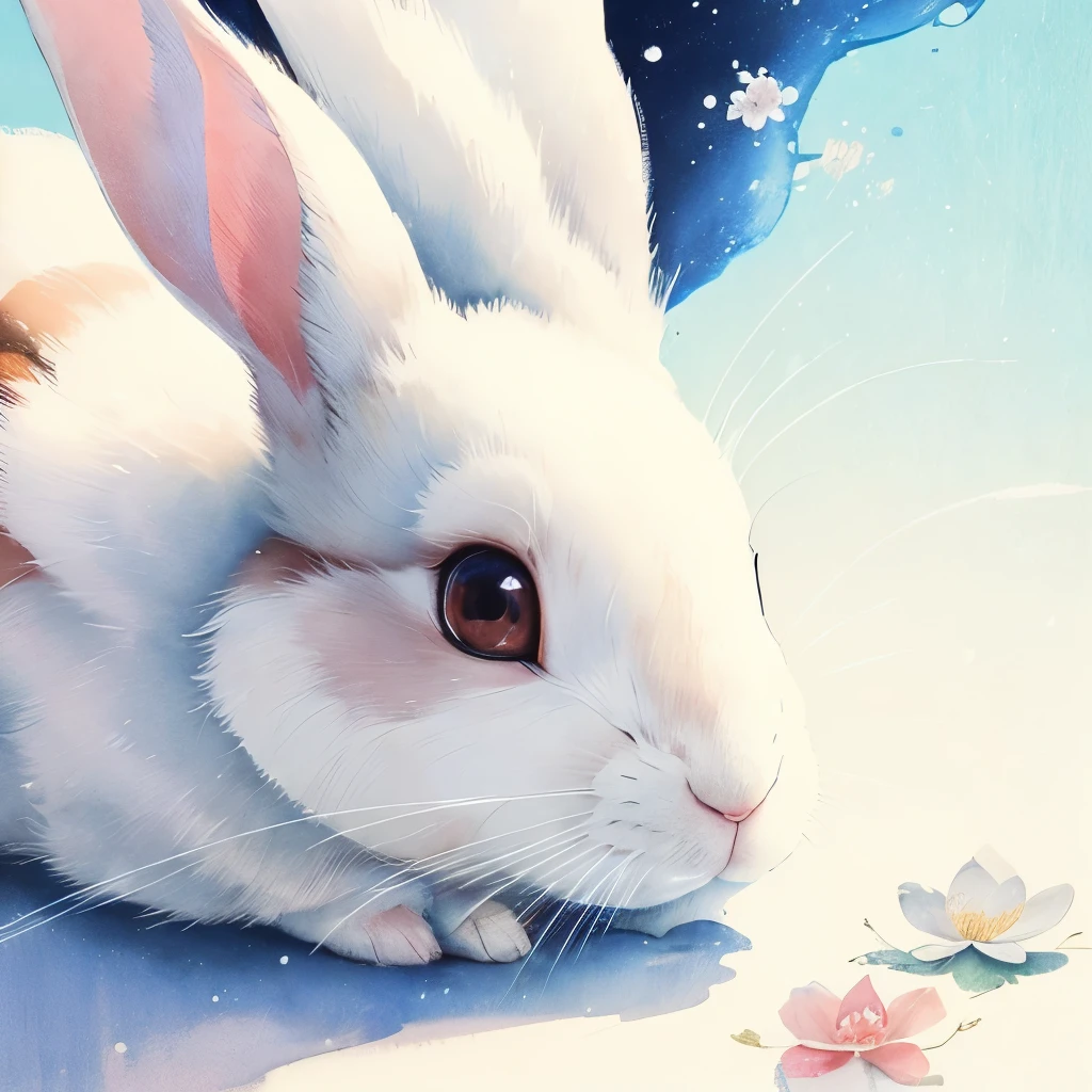 a close up of a painting of a rabbit on a white surface, a pastel by Ohara Koson, flickr, sōsaku made, tyrus wong, ryohji hase, japanese watercolor, traditional chinese painting, rabbit, old japanese art, japanese painting, traditional chinese art, traditional japanese painting, chinese ink and wash painting, traditional japanese art