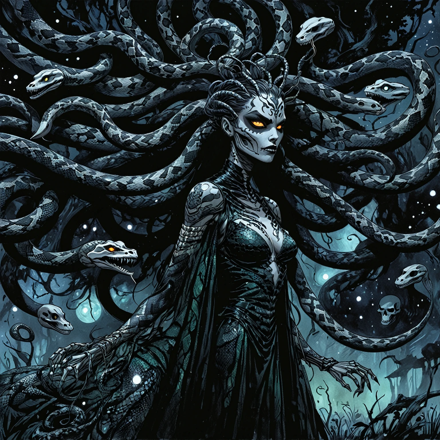 Medusa, wearing snake skin dress cosmic abyss velvet black dress, only light source dazzling glistening reflections of starlight and moonlight off elegant and eloquent dress, unfinished expressive rough-sketch splash page decompressed comic cover art, ink style figure, ((expressive Joelle Jones and "Sean Gordon Murphy" comic drawing)), wordless, cinematic poster, morphology anatomy drawn Frederic Delavier musculature anatomical illustration, (face, ornate blackmetal corpsepaint, resembles Grace Jones), abyss void black no visibility darkness, full length portrait, (background, pine barrens, entropy, rewilding, magic hour sunset, galaxy stars, cosmos), (colors, bleak muted deep fiery radiant glowing ROYGBIV, forest green, earth brown), candid, snake skin dress, (body, Naga, snakefolk, lower body snake tail, snake woman hybrid, bald, hairless, skeleton, snake skin tattoos, piercing eyes, snake pupils, over the shoulder), craftsmanship nuance, (Gerardo Zaffino charcoal), (horror, abstract, surreal, body, cosmic), subliminal orchids, nyctophobia, silhouette, double exposure, image within image,
