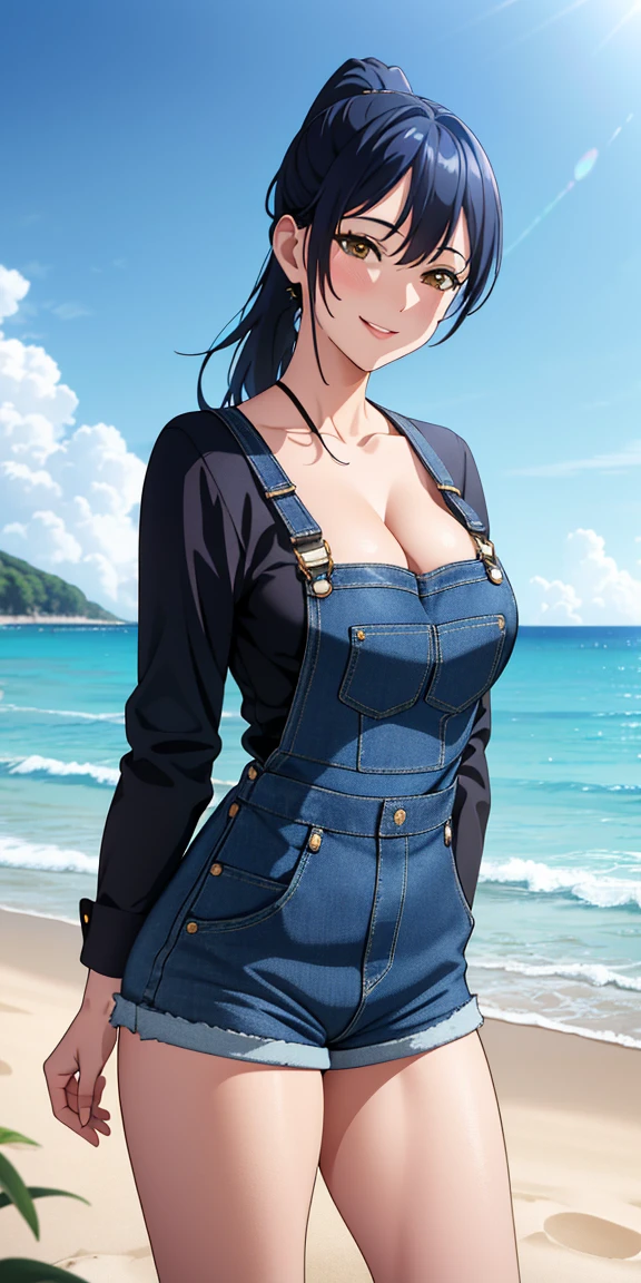 (best quality:1.5, highres, UHD, 4K, detailed lighting, shaders), ponytail, busty, low blue jeans shorts overalls, cleavage, standing, (close shot), beach background, smiling, lewd, sexy, erotic, seductive, yellow- bra,
