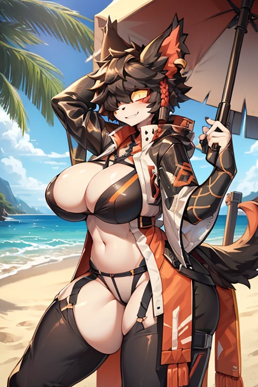 ((best quality, masterpiece, perfect anatomy, detailed picture)), furry, 1female, Aak, (Arknights), sexy body, breasts, black sclera, cat tail, red blushing, in the beach, massive breasts and hips and butt, any pose, doing anything, sexy, blushing, no bra