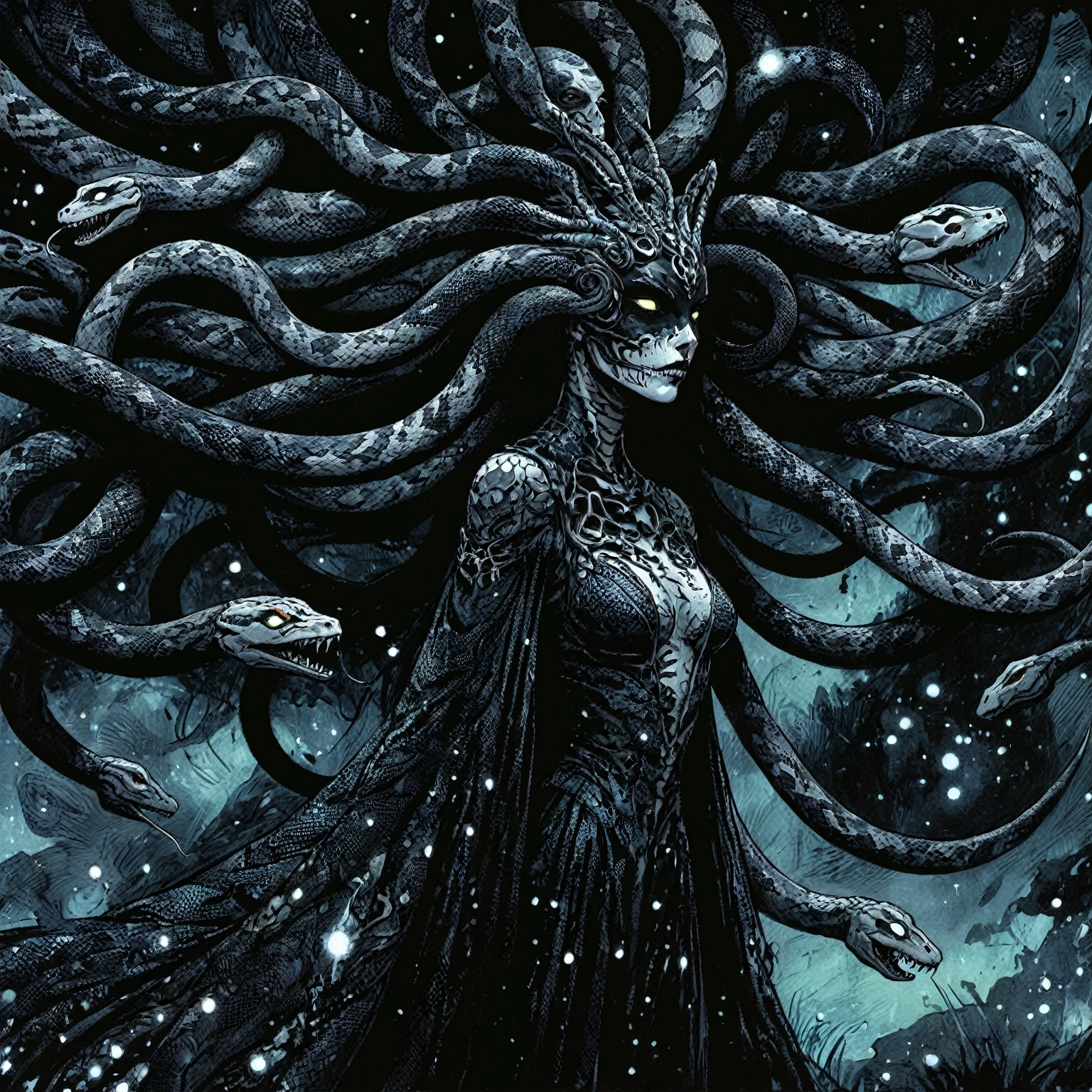 Medusa, wearing snake skin dress cosmic abyss velvet black dress, only light source dazzling glistening reflections of starlight and moonlight off elegant and eloquent dress, unfinished expressive rough-sketch splash page decompressed comic cover art, ink style figure, ((expressive Joelle Jones and "Sean Gordon Murphy" comic drawing)), wordless, cinematic poster, morphology anatomy drawn Frederic Delavier musculature anatomical illustration, (face, ornate blackmetal corpsepaint, resembles Grace Jones), abyss void black no visibility darkness, full length portrait, (background, pine barrens, entropy, rewilding, magic hour sunset, galaxy stars, cosmos), (colors, bleak muted deep fiery radiant glowing ROYGBIV, forest green, earth brown), candid, snake skin dress, (body, Naga, snakefolk, lower body snake tail, snake woman hybrid, bald, hairless, skeleton, snake skin tattoos, piercing eyes, snake pupils, over the shoulder), craftsmanship nuance, (Gerardo Zaffino charcoal), (horror, abstract, surreal, body, cosmic), subliminal orchids, nyctophobia, silhouette, double exposure, image within image,
