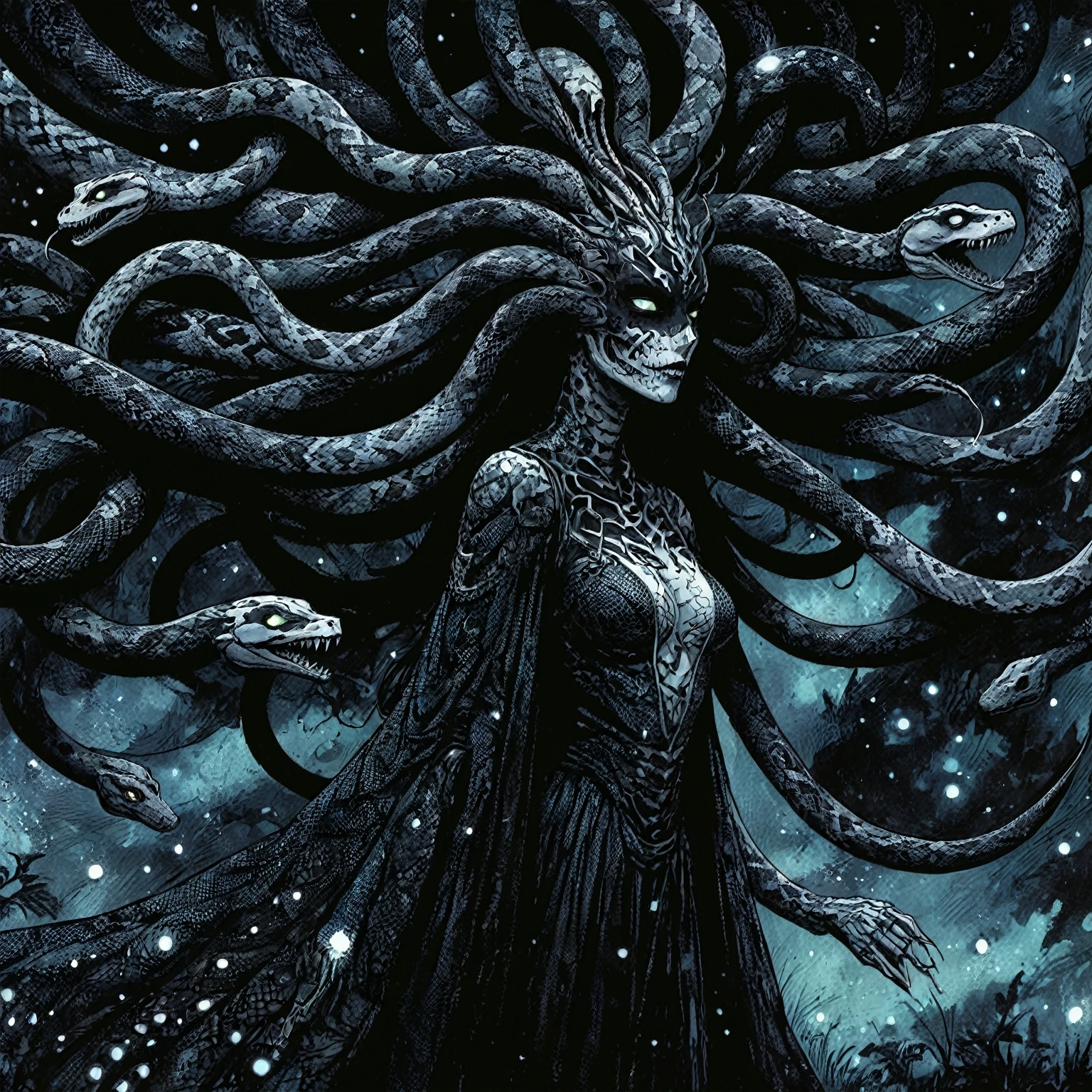 Medusa, wearing snake skin dress cosmic abyss velvet black dress, only light source dazzling glistening reflections of starlight and moonlight off elegant and eloquent dress, unfinished expressive rough-sketch splash page decompressed comic cover art, ink style figure, ((expressive Joelle Jones and "Sean Gordon Murphy" comic drawing)), wordless, cinematic poster, morphology anatomy drawn Frederic Delavier musculature anatomical illustration, (face, ornate blackmetal corpsepaint, resembles Grace Jones), abyss void black no visibility darkness, full length portrait, (background, pine barrens, entropy, rewilding, magic hour sunset, galaxy stars, cosmos), (colors, bleak muted deep fiery radiant glowing ROYGBIV, forest green, earth brown), candid, snake skin dress, (body, Naga, snakefolk, lower body snake tail, snake woman hybrid, bald, hairless, skeleton, snake skin tattoos, piercing eyes, snake pupils, over the shoulder), craftsmanship nuance, (Gerardo Zaffino charcoal), (horror, abstract, surreal, body, cosmic), subliminal orchids, nyctophobia, silhouette, double exposure, image within image,
