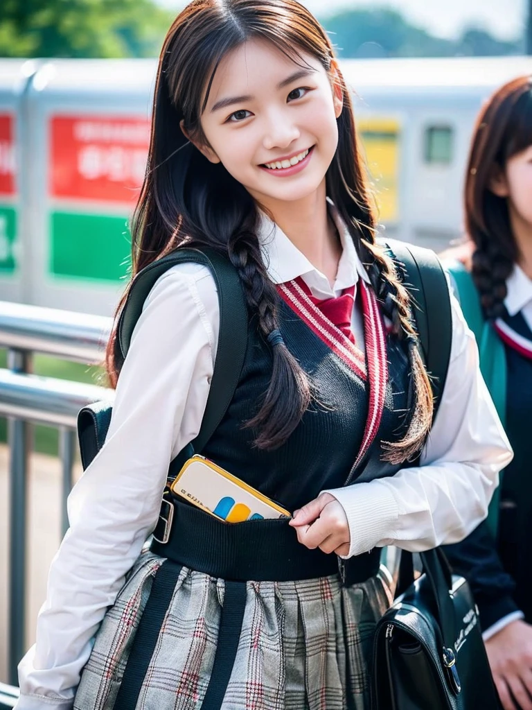 (A super cute Korean high school girl with a school bag is going to school.:1.2)(grin,smile:1.1)(Beautiful Sweat:1.1)(16k, RAW Photos, Highest quality, masterpiece: 1.2),(A cute braid of shiny black hair) Super detailed, Super Resolution, (Genuine, Genuine photos: 1.37), Portraiture, High-resolution RAW color photos, Professional photos, Very detailed, 8k wallpaper, Very detailed CG Unity 8k wallpaper, Very detailed beautiful girls, Very detailed faces, ((whole body)), beautiful woman, Huge breasts,(huge boobs:1.1) (Big Boobs:1.1), beautiful  (Tight and cute school uniform),high school girl, Korean Girls,(K-POP Female Idols), (Idol-class beauty)(Beautiful high school girl:1.1)(Inside the route bus)()(School uniform style outfit:1.1)(School trip photos,Commuting to school:1.2)NSFW(from side)