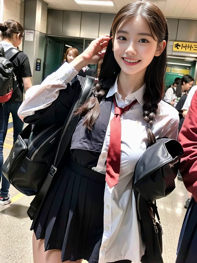 (A super cute Korean high school girl with a school bag is going to school.:1.2)(grin,smile:1.1)(Beautiful Sweat:1.1)(16k, RAW Photos, Highest quality, masterpiece: 1.2),(A cute braid of shiny black hair) Super detailed, Super Resolution, (Genuine, Genuine photos: 1.37), Portraiture, High-resolution RAW color photos, Professional photos, Very detailed, 8k wallpaper, Very detailed CG Unity 8k wallpaper, Very detailed beautiful girls, Very detailed faces, ((whole body)), beautiful woman, Huge breasts,(huge boobs:1.1) (Big Boobs:1.1), beautiful  (Tight and cute school uniform),high school girl, Korean Girls,(K-POP Female Idols), (Idol-class beauty)(Beautiful high school girl:1.1)(Inside the route bus)()(School uniform style outfit:1.1)(School trip photos,Commuting to school:1.2)NSFW(from side)