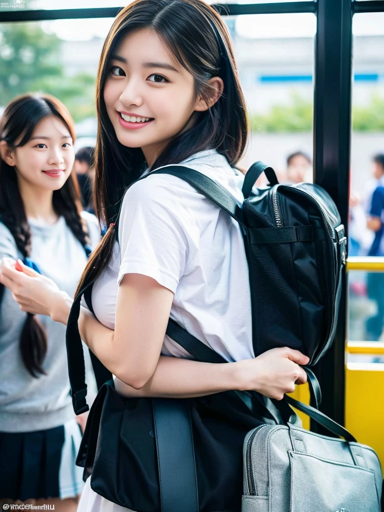 (A super cute Korean high school girl with a school bag is going to school.:1.2)(grin,smile:1.1)(Beautiful Sweat:1.1)(16k, RAW Photos, Highest quality, masterpiece: 1.2),(A cute braid of shiny black hair) Super detailed, Super Resolution, (Genuine, Genuine photos: 1.37), Portraiture, High-resolution RAW color photos, Professional photos, Very detailed, 8k wallpaper, Very detailed CG Unity 8k wallpaper, Very detailed beautiful girls, Very detailed faces, ((whole body)), beautiful woman, Huge breasts,(huge boobs:1.1) (Big Boobs:1.1), beautiful  (Tight and cute school uniform),high school girl, Korean Girls,(K-POP Female Idols), (Idol-class beauty)(Beautiful high school girl:1.1)(Inside the route bus)(************)(School uniform style outfit:1.1)(School trip photos,Commuting to school:1.2)NSFW(from side)