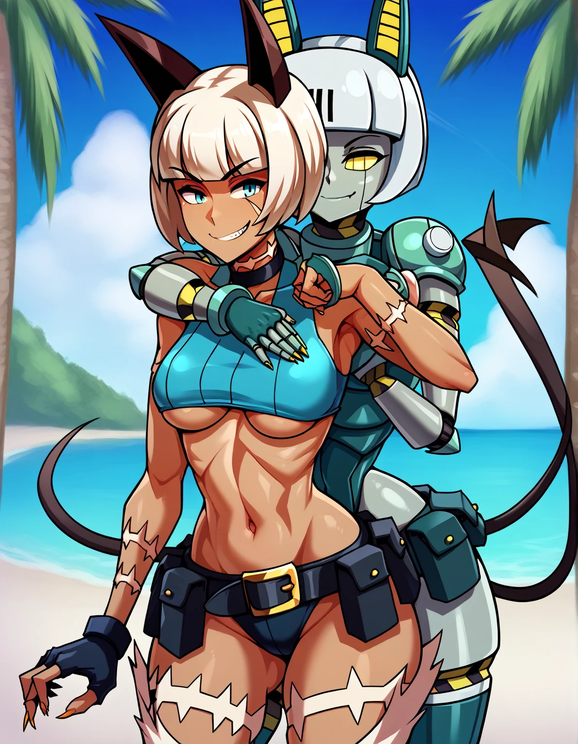 score_9, miss-fortune, robo-fortune, crop top, animal ears, tail, 2girls, robot, robot joints, humanoid robot, colored skin, android, multiple girls, belt pouch, bob cut, dark skin, scar, yellow eyes, blue eyes, dark-skinned female, underboob, white hair, short hair, medium breasts, smirk, gloves, outdoors