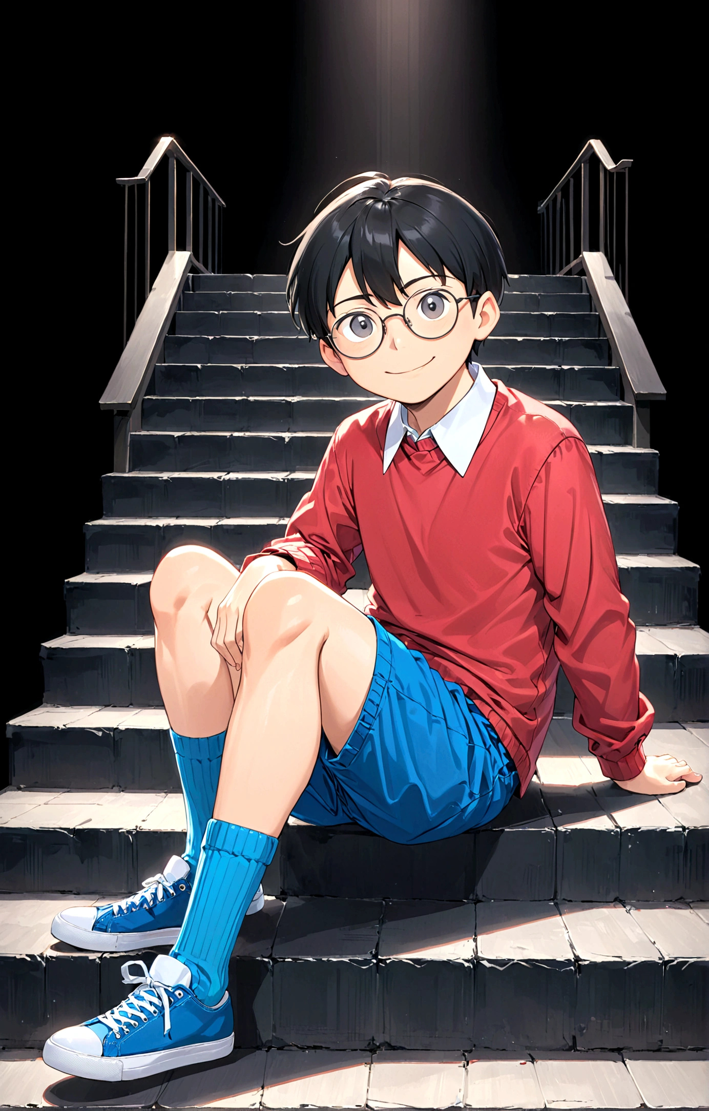 Nobita Nobi,solo, smile, simple background, shirt, black hair, long sleeves, 1boy, sitting, full body, male focus, shoes, glasses, shorts, socks, collared shirt, black background, red shirt, blue shorts, blue footwear, stairs