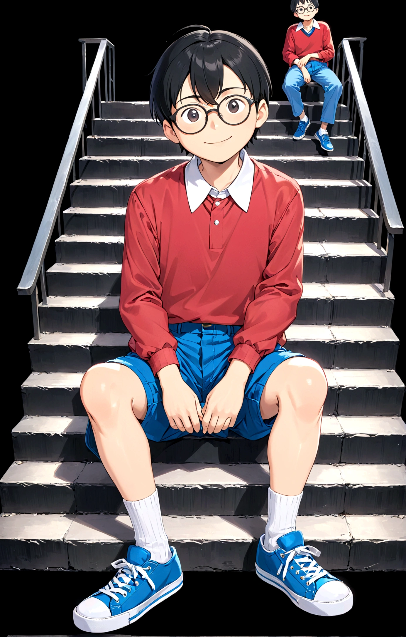 Nobita Nobi,solo, smile, simple background, shirt, black hair, long sleeves, 1boy, sitting, full body, male focus, shoes, glasses, shorts, socks, collared shirt, black background, red shirt, blue shorts, blue footwear, stairs