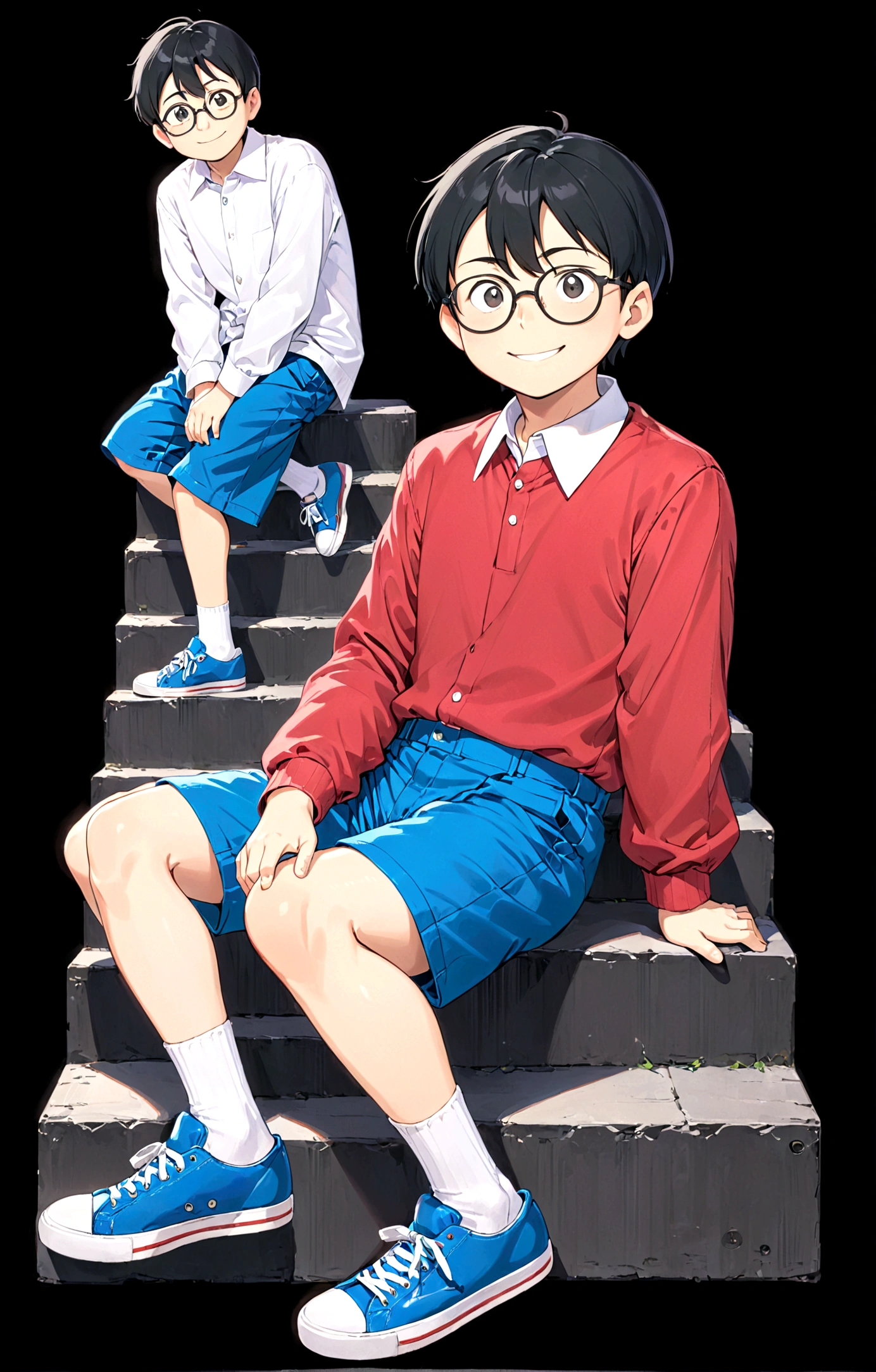 Nobita Nobi,solo, smile, simple background, shirt, black hair, long sleeves, 1boy, sitting, full body, male focus, shoes, glasses, shorts, socks, collared shirt, black background, red shirt, blue shorts, blue footwear, stairs
