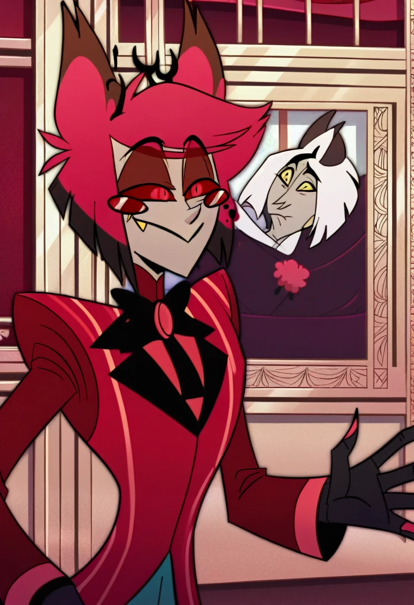 alastor, solo, 1boy, standing, (huge breasts), grey skin, red suit, monocle, BREAK score_9, score_8_up, score_7_up, score_6_up, (((screencap)))