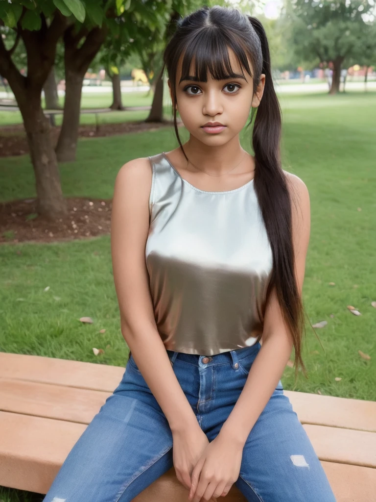 Portrait of 18 years old charming  teenage girl, healthy, beautiful Indian girl, 2 ponytails, cute and serious, blushing, naughty and provoking expression to viewer, ((tight silk top))), jeans, full body, bangs, in park, sexy , ultrarealistic, photorealistic, detailed, light skin, 8K detailed, [no worries, NSFW,]