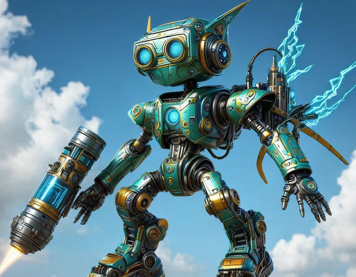 A cute male A.I made of metal, robot, cyberpunk style, He should be riding a rocket that is smaller than he is.((intricate details)), HDR, ((intricate details, super detailed)), cinematic shots, vignettes