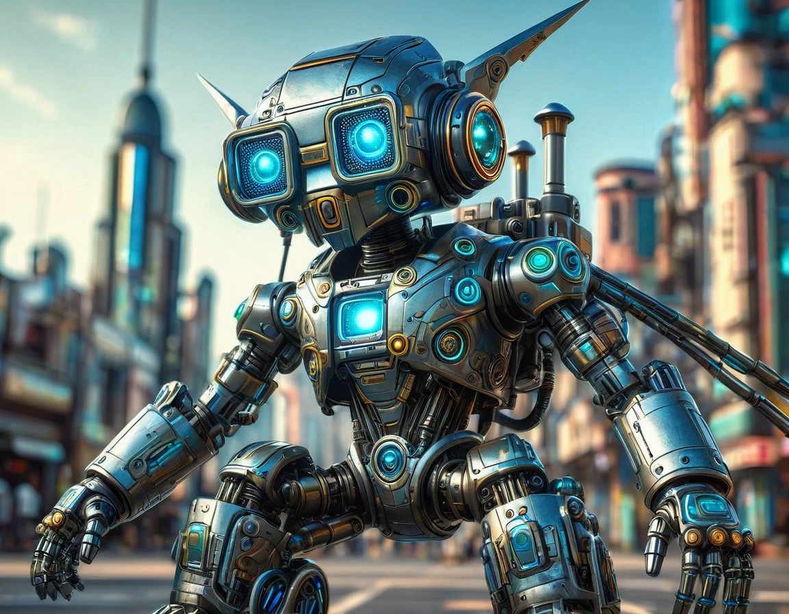 A cute male A.I made of metal, robot, cyberpunk style, He should be riding a rocket that is smaller than he is.((intricate details)), HDR, ((intricate details, super detailed)), cinematic shots, vignettes