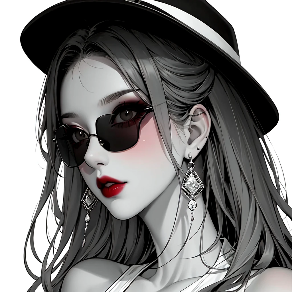 1girl, sunglasses, solo, hat, lipstick, red lips, long hair, dress, plunging neckline, makeup, monochrome, white background, earrings, cleavage, jewelry, upper body, spot color, hair over shoulder,dark theme,shiny,shiny skin,milf,(mature japanese female:1.2),