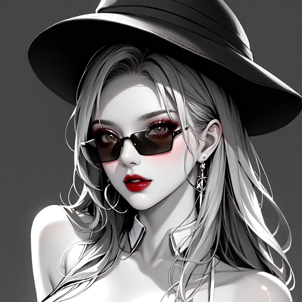 1girl, sunglasses, solo, hat, lipstick, red lips, long hair, dress, plunging neckline, makeup, monochrome, white background, earrings, cleavage, jewelry, upper body, spot color, hair over shoulder,dark theme,shiny,shiny skin,milf,(mature female:1.2),