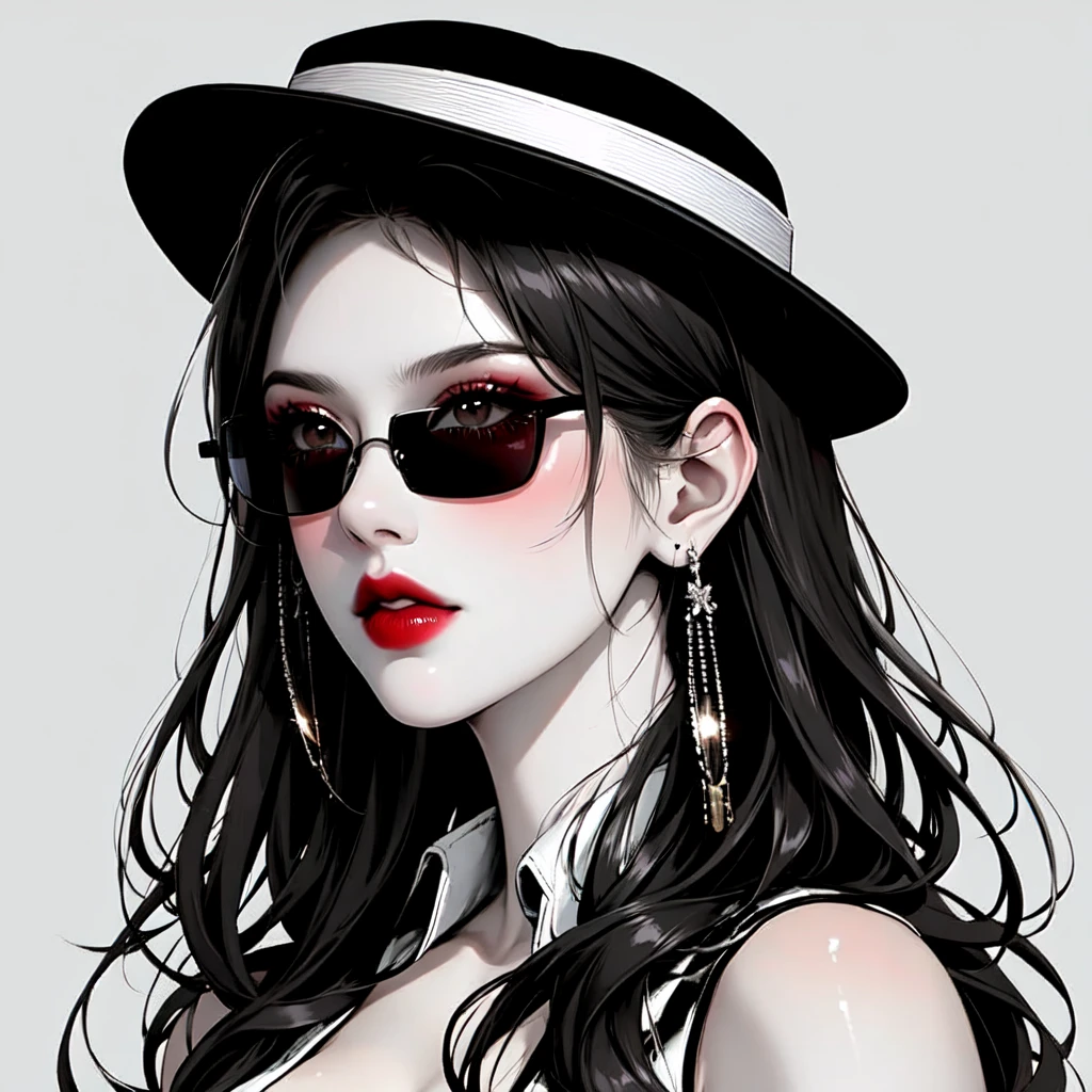 1girl, sunglasses, solo, hat, lipstick, red lips, long hair, dress, plunging neckline, makeup, monochrome, white background, earrings, cleavage, jewelry, upper body, spot color, hair over shoulder,dark theme,shiny,shiny skin,milf,(mature female:1.2),