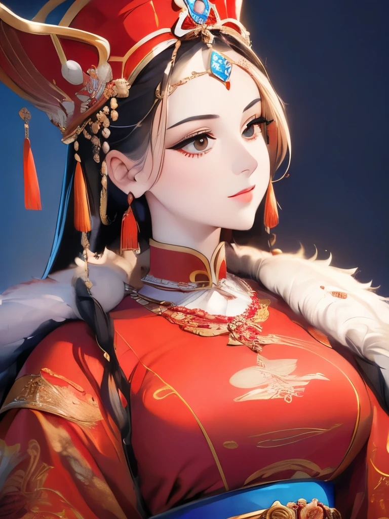 a close up of a woman in a red dress with a hat, a detailed painting inspired by Tang Di, flickr, qajar art, beautiful render of tang dynasty, ancient chinese princess, kazakh empress, a young woman as genghis khan, ((a beautiful fantasy empress)), chinese empress, chinese princess, ancient chinese beauties, tang dynasty