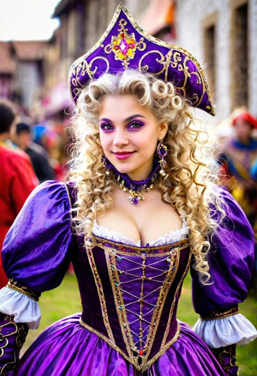 Mujer, linda, His approximate age is twenty years. Es rubia, de cabello rizado y denso,
hairstyle up with some curls falling. Tiene pendientes plateados y
en cuanto a su vestimenta, He seems to be wearing a strange purple medieval carnival costume..