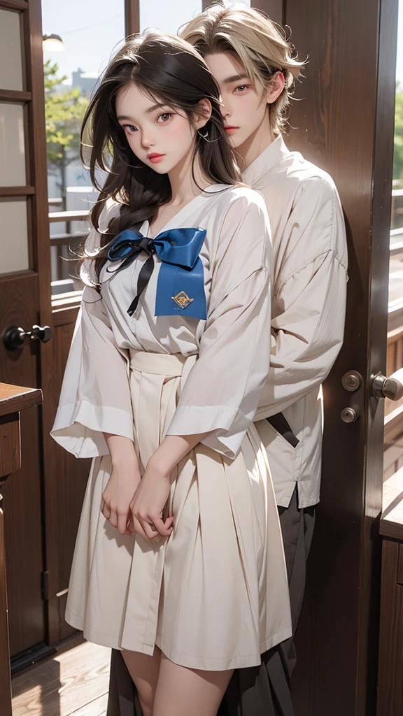 A beautiful high school girl who is half French and half Japanese、Anyway, her face is beautiful、Beautiful blue eye color、She has beautiful long straight hair that is light blonde in color.、The clothes are sailor suits, which are Japanese school uniforms, and blouses.。The other is a high school boy with long bangs.。Please make the high school boy a dark character.。The high school boy and the beautiful high school girl、Please describe the scene of them standing side by side and talking happily.。