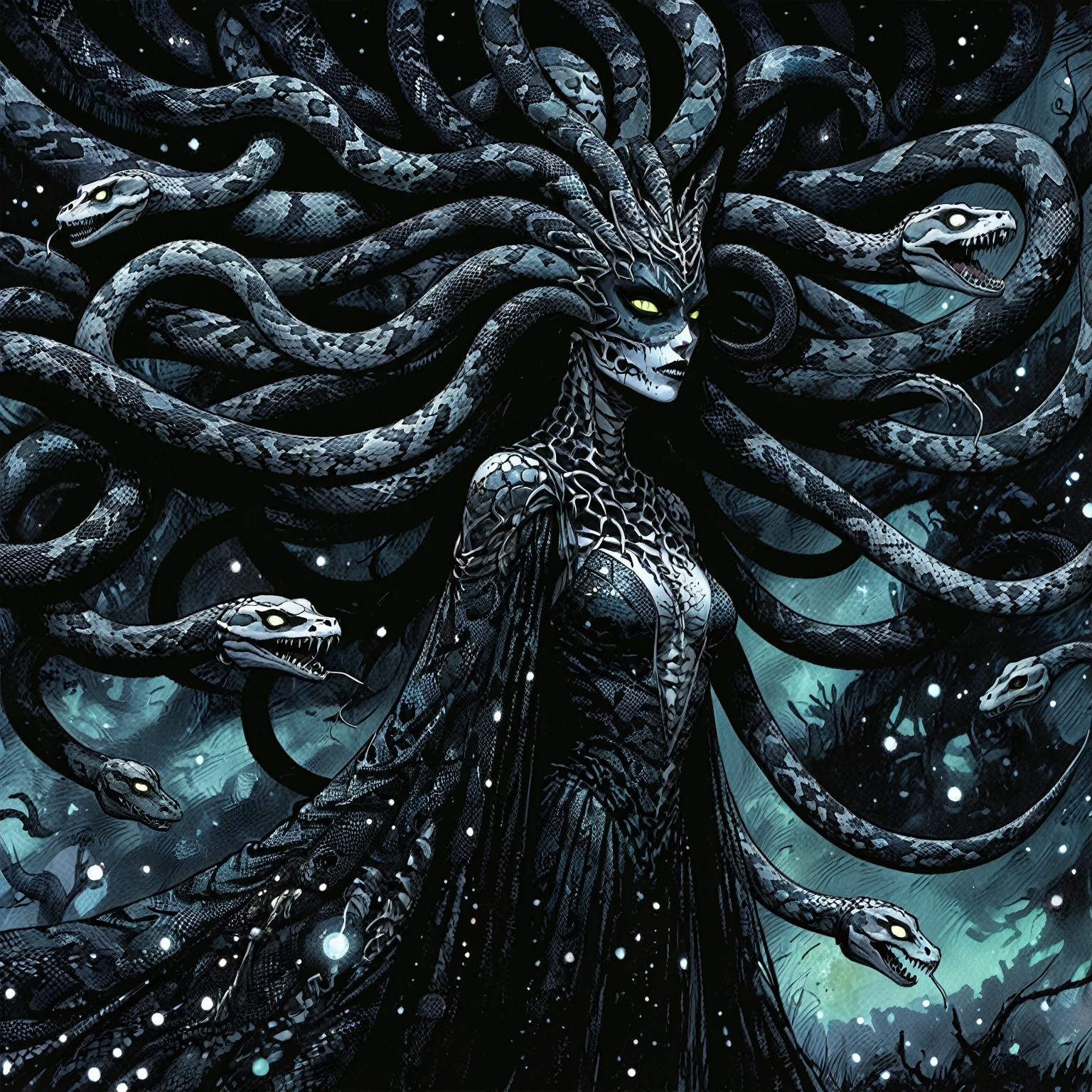 Medusa, wearing snake skin dress cosmic abyss velvet black dress, only light source dazzling glistening reflections of starlight and moonlight off elegant and eloquent dress, unfinished expressive rough-sketch splash page decompressed comic cover art, ink style figure, ((expressive Joelle Jones and "Sean Gordon Murphy" comic drawing)), wordless, cinematic poster, morphology anatomy drawn Frederic Delavier musculature anatomical illustration, (face, ornate blackmetal corpsepaint, resembles Grace Jones), abyss void black no visibility darkness, full length portrait, (background, pine barrens, entropy, rewilding, magic hour sunset, galaxy stars, cosmos), (colors, bleak muted deep fiery radiant glowing ROYGBIV, forest green, earth brown), candid, snake skin dress, (body, Naga, snakefolk, lower body snake tail, snake woman hybrid, bald, hairless, skeleton, snake skin tattoos, piercing eyes, snake pupils, over the shoulder), craftsmanship nuance, (Gerardo Zaffino charcoal), (horror, abstract, surreal, body, cosmic), subliminal orchids, nyctophobia, silhouette, double exposure, image within image,
