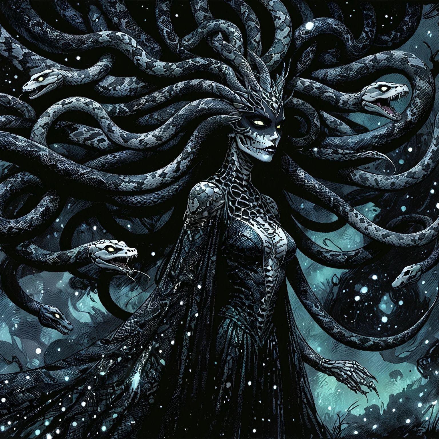 Medusa, wearing snake skin dress cosmic abyss velvet black dress, only light source dazzling glistening reflections of starlight and moonlight off elegant and eloquent dress, unfinished expressive rough-sketch splash page decompressed comic cover art, ink style figure, ((expressive Joelle Jones and "Sean Gordon Murphy" comic drawing)), wordless, cinematic poster, morphology anatomy drawn Frederic Delavier musculature anatomical illustration, (face, ornate blackmetal corpsepaint, resembles Grace Jones), abyss void black no visibility darkness, full length portrait, (background, pine barrens, entropy, rewilding, magic hour sunset, galaxy stars, cosmos), (colors, bleak muted deep fiery radiant glowing ROYGBIV, forest green, earth brown), candid, snake skin dress, (body, Naga, snakefolk, lower body snake tail, snake woman hybrid, bald, hairless, skeleton, snake skin tattoos, piercing eyes, snake pupils, over the shoulder), craftsmanship nuance, (Gerardo Zaffino charcoal), (horror, abstract, surreal, body, cosmic), subliminal orchids, nyctophobia, silhouette, double exposure, image within image,