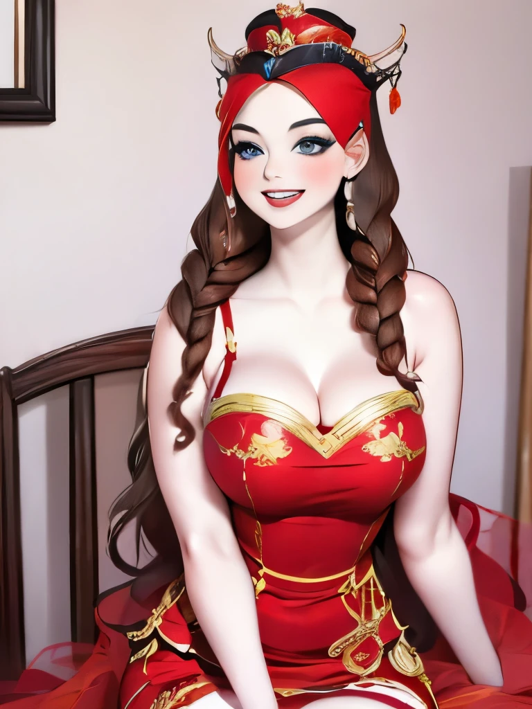 a close up of a woman in a red dress with a hat, beautiful render of tang dynasty, ancient chinese princess, kazakh empress, a young woman as genghis khan, ((a beautiful fantasy empress)), chinese empress, chinese princess, ancient chinese beauties, inspired by Tang Di, tang dynasty, inspired by Li Di, a beautiful fantasy empress