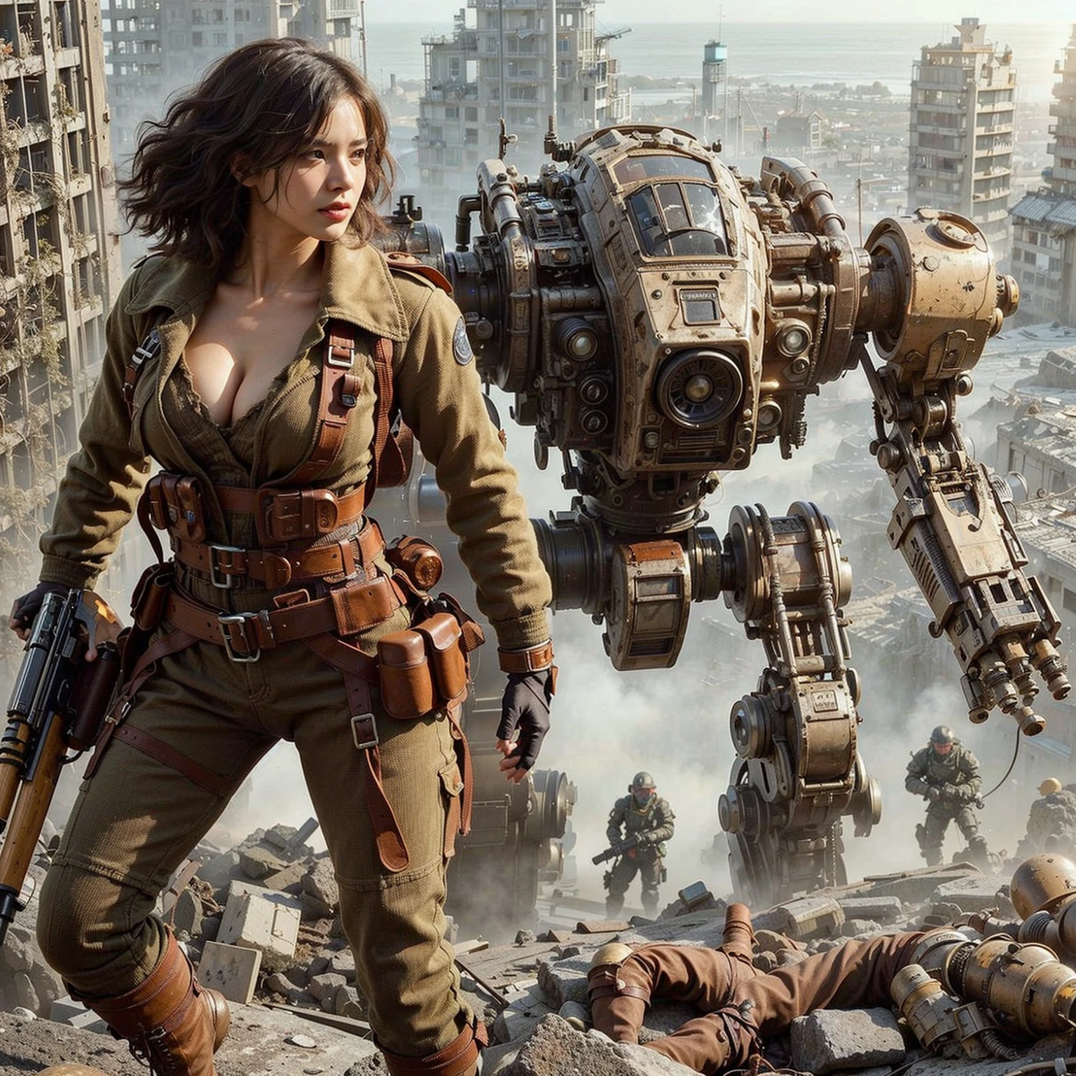 superrealism, ultra high res,8k,(Photorealsitic:1.4), (WWⅡ-like mechanical suit), Collapsed Cities, heavy weapons,vivid textures, beautiful hair, Spaniard female soldier,(ultra beautiful face),legs, ((super realistic all textures)), ((super intricate all details)), full body shot, ultra sharp photo result, beige color, scratch, Rust, weathering, Sweat, move, operational action in progress, steampunk, taken with Fuji film X-T30+Nokton. HDR10,Minimum of 4 pieces created