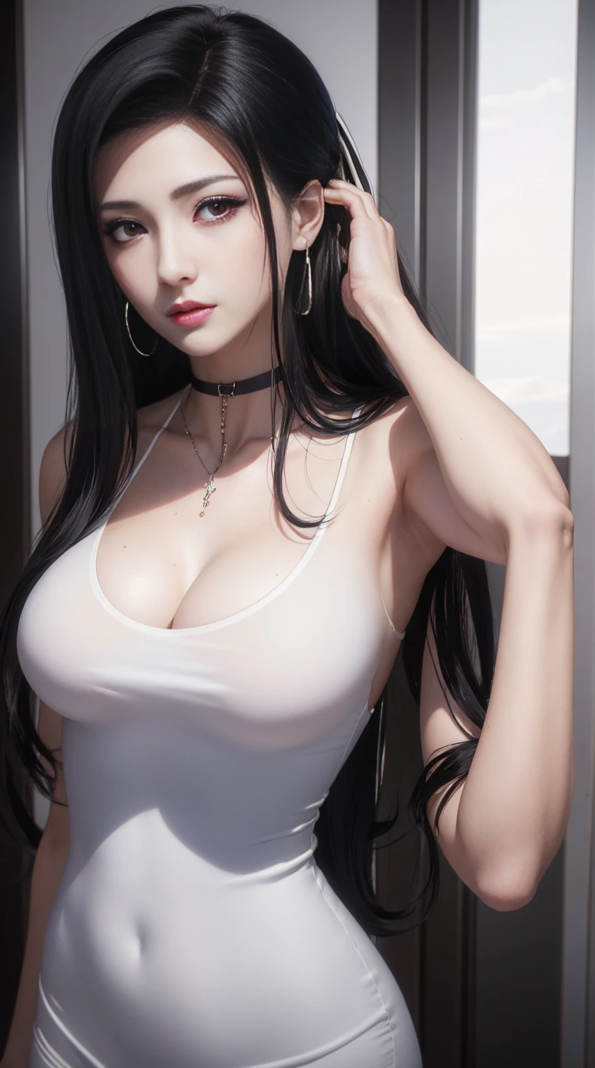 1 Beautiful woman, 20 years old, shiny black hair, pale white skin (realistic skin details, realistic skin), bright red eyes (very detailed and vivid eyes), red lips, makeup, necklace, earrings, choker, accessories, perfect body , perfectly round butt, very tight white dress, black open jacket, cleavage, looking at viewer, sexy pose, mayumi saegusa, (masterpiece), (photorealistic), (8K), (realistic lighting),