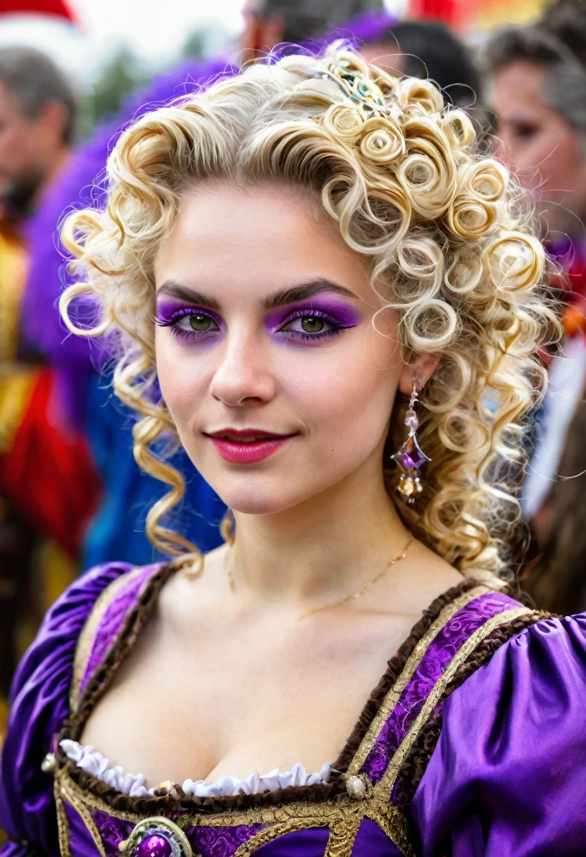 Mujer, linda, His approximate age is twenty years. Es rubia, de cabello rizado y denso,                       
                 hairstyle up with some curls falling. Tiene pendientes plateados y 
                 en cuanto a su vestimenta, He seems to be wearing a strange purple medieval carnival costume.. 
