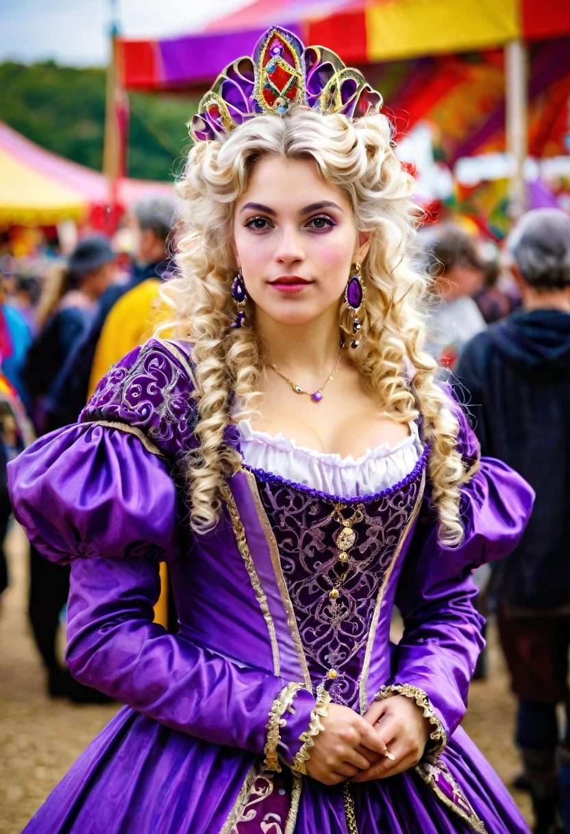 Mujer, linda, His approximate age is twenty years. Es rubia, de cabello rizado y denso,                       
                 hairstyle up with some curls falling. Tiene pendientes plateados y 
                 en cuanto a su vestimenta, He seems to be wearing a strange purple medieval carnival costume.. 
