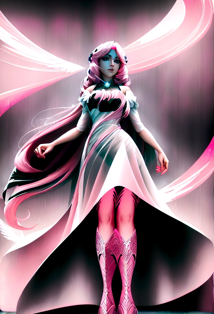 Arafed, a picture of a female angel in high society prom event, divine beautiful female angel, red hair, long hair, flowing hair, the hair glows in a soft light, cerulean eyes, deep light eyes, divine feminine  face, (spread white feather wings: 1.2), she wears a ((pink and black evening dress: 1.5)), elegant, intricate detailed dress, silk dress, small cleavage, some crystals on the dress,  she wears elegant knee high heeled boots, exquisite knee high heeled boots, she stands on the porch of a fantasy castle, dynamic angle, soft torch light, (Masterpiece: 1.5), 16k, highres, best quality, high details, ultra detailed, masterpiece, best quality, (extremely detailed), AngelStyle, GlowingRunesAI_paleblue, angel_wings, Angel