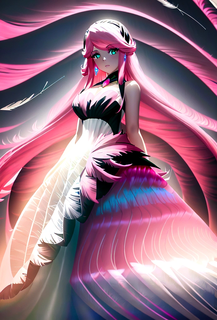 Arafed, a picture of a female angel in high society prom event, divine beautiful female angel, red hair, long hair, flowing hair, the hair glows in a soft light, cerulean eyes, deep light eyes, divine feminine  face, (spread white feather wings: 1.2), she wears a ((pink and black evening dress: 1.5)), elegant, intricate detailed dress, silk dress, small cleavage, some crystals on the dress,  she wears elegant knee high heeled boots, exquisite knee high heeled boots, she stands on the porch of a fantasy castle, dynamic angle, soft torch light, (Masterpiece: 1.5), 16k, highres, best quality, high details, ultra detailed, masterpiece, best quality, (extremely detailed), AngelStyle, GlowingRunesAI_paleblue, angel_wings, Angel