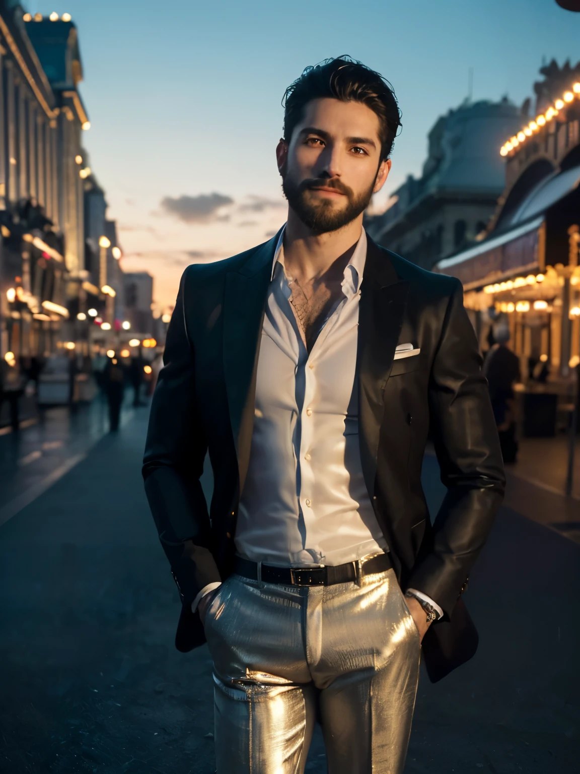 (Masterpiece, Hyperrealistic, 8k, HDR, RAW), ((Natural illumination)), sunset illumination, cold illumination, ((Standing)), (((In front of a luxurious Casino))), (Short beard), 28 years old, ((Translucent shirt)), ((Dark trousers)), ((Bulge)), ((Sophisticate haircut)), ((Toned muscular body)), ((Dark hair)), sexy face, sexy grin, perfect anatomy